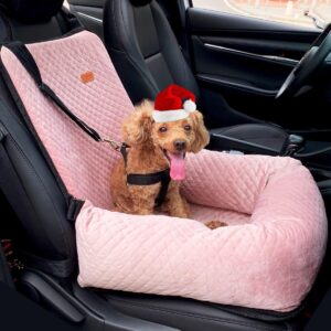 WANZQHONG Dog Car Seat for Small Medium Dogs Up to 40lbs, Detachable Washable Soft Pet Booster Travel Bed for Front & Pink Seat with Safety Leash Belt